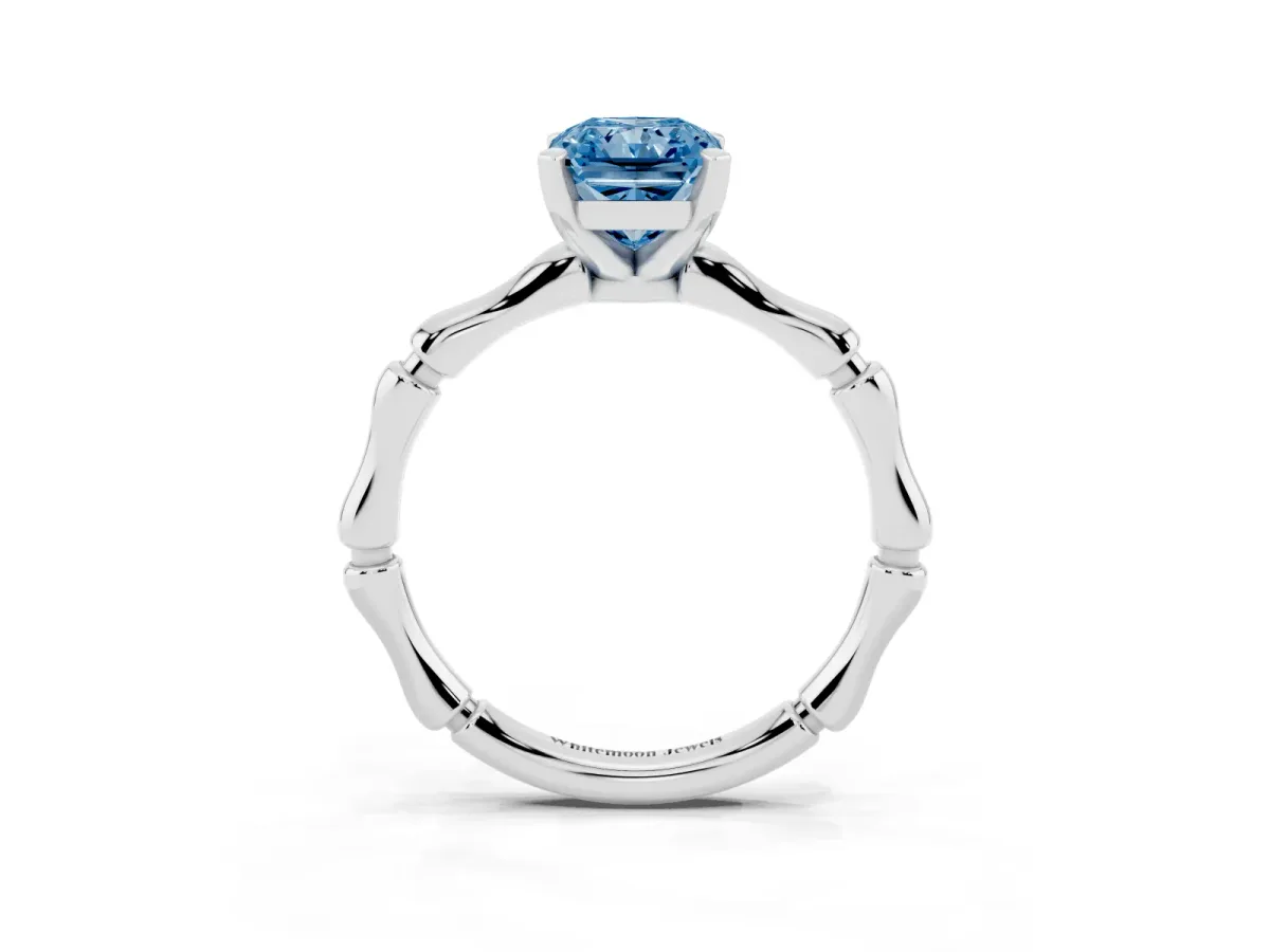 Fancy Blue Radiant Cut Solitaire Diamond Ring with Bamboo Band and Four-Prong Setting Silver