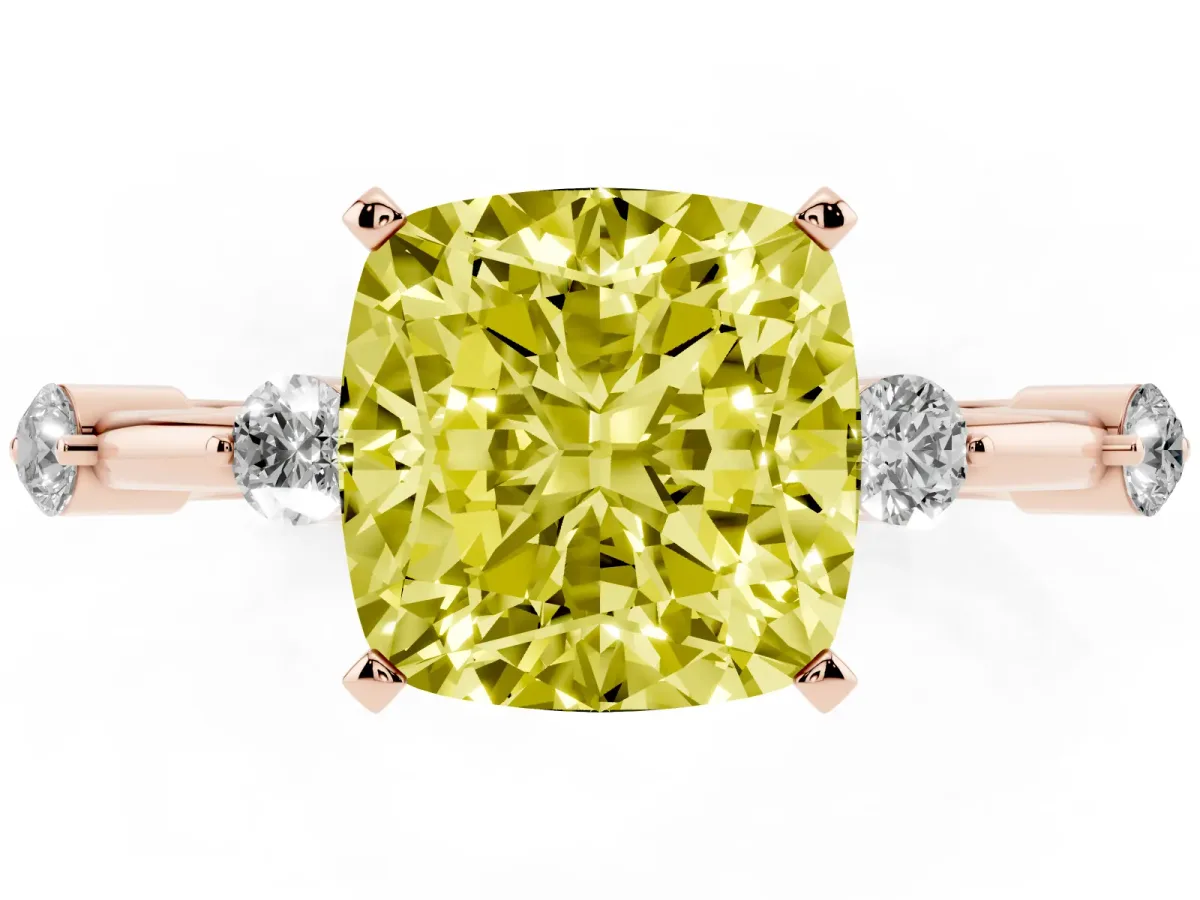 Fancy Yellow Cushion Cut Solitaire Diamond Ring with Bezel Set Side Stones and Prong Setting Rose gold