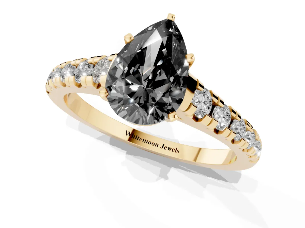 Fancy Black Pear Cut Diamond Cathedral Solitaire Ring with Round Pavé Band Yellow gold
