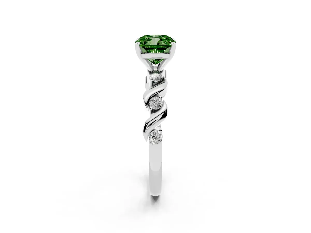 Fancy Green Cushion Cut Diamond Solitaire Twisted Band with Round Accents and Prong Setting Platinum