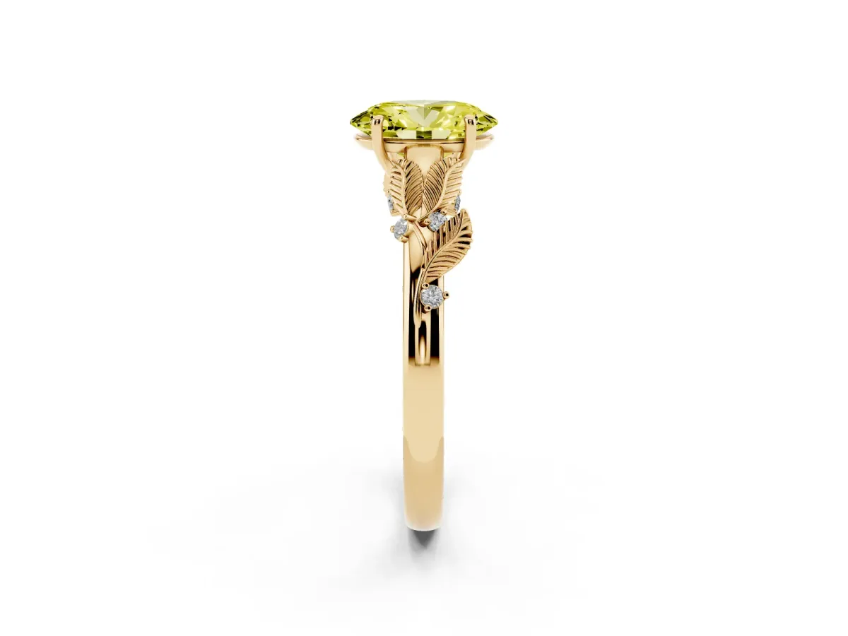 Fancy Yellow Oval Cut Diamond Solitaire Ring with Leaf Motif Band and Four-Prong Setting Yellow gold