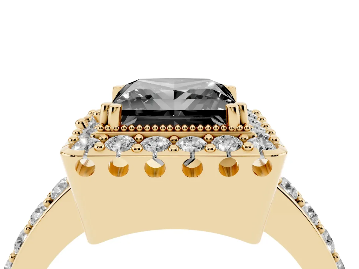Fancy Black Princess Cut Diamond Halo Ring with Pavé Band and Prong Setting Yellow gold
