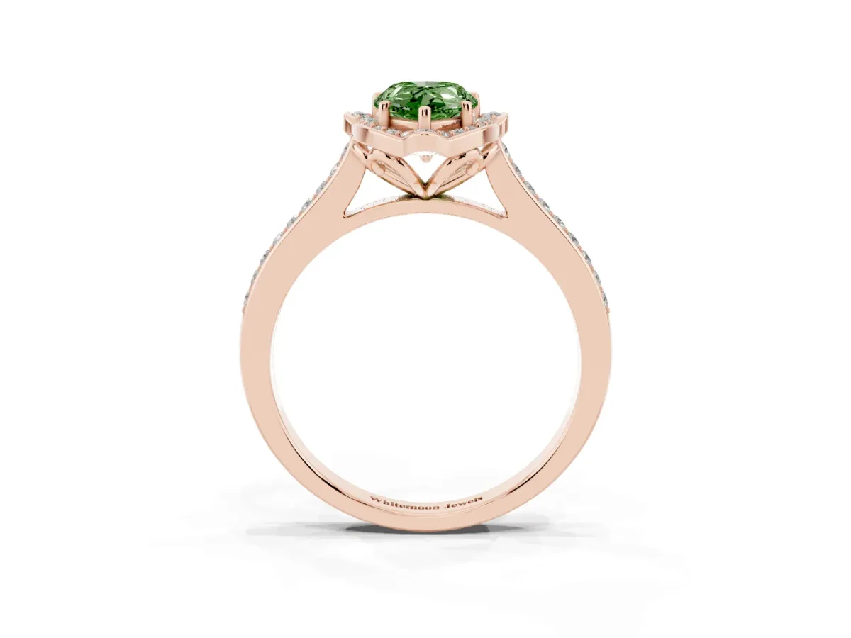 Fancy Green Pear Cut Halo Round Diamond Pave Band with Four-Prong Setting Rose gold