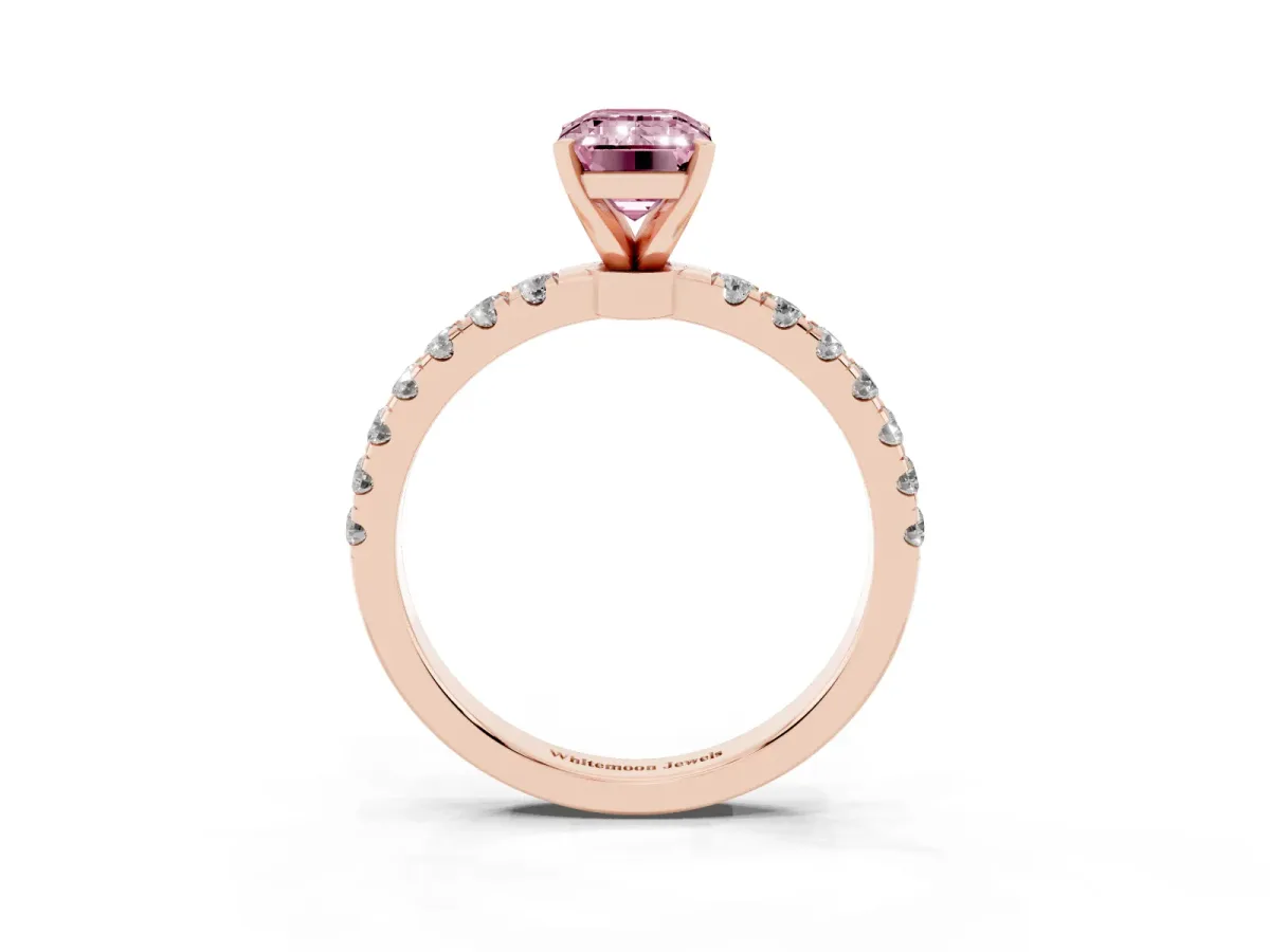 Fancy Pink Emerald Cut Diamond Solitaire Ring with Pavé Accents and Four-Prong Setting Rose gold
