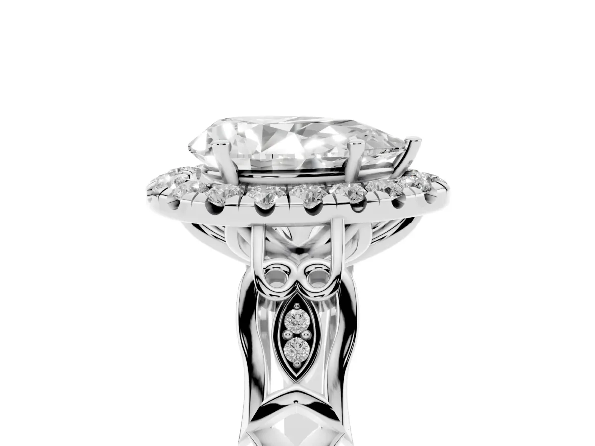 Pear Cut Halo Diamond Engagement Ring with Filigree Band and Four-Prong Setting Platinum