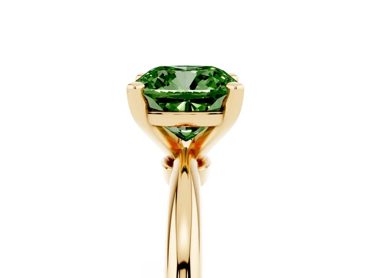 Fancy Green Cushion Cut Diamond Solitaire Ring with Prong Setting and Classic Band Yellow gold