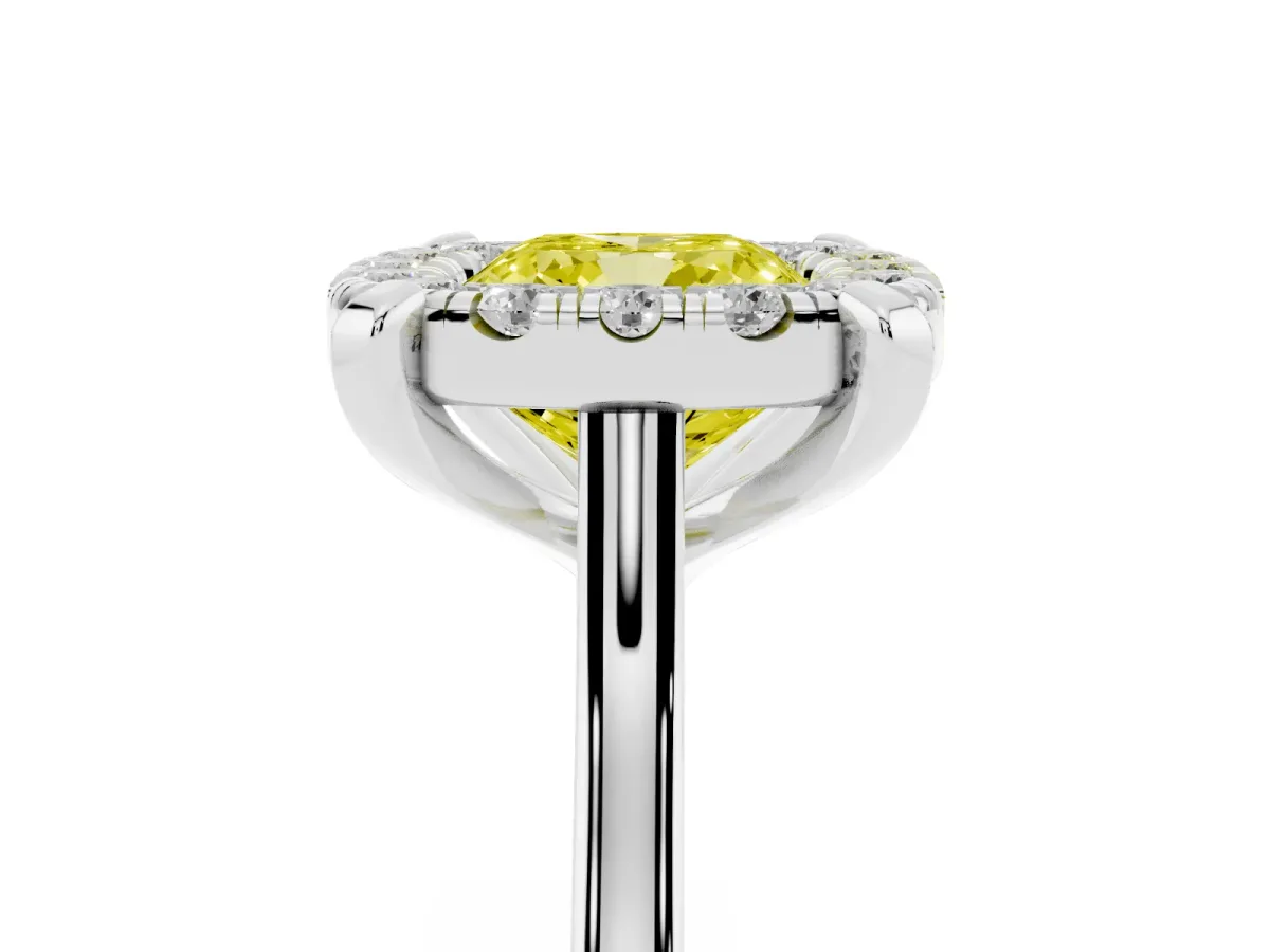 Fancy Yellow Cushion Cut Diamond Cluster Halo Solitaire with Four-Prong Setting Silver