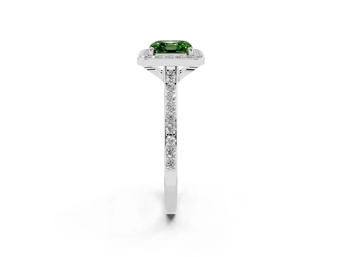 Fancy Green Asscher Cut Diamond Halo Engagement Ring with Round Pavé Shoulders and Prong Setting Silver