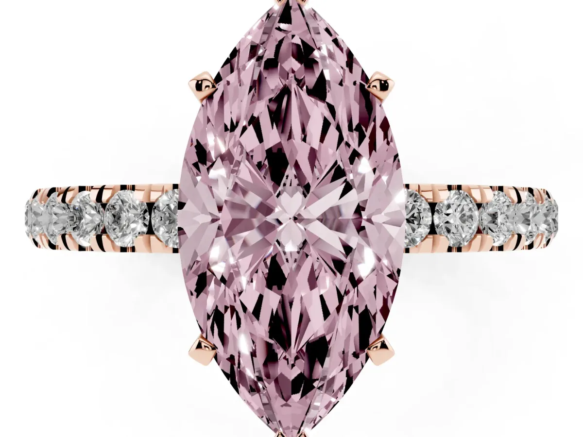 Fancy Pink Marquise Cut Diamond Solitaire Ring with Pavé Accents and Four-Prong Setting Rose gold