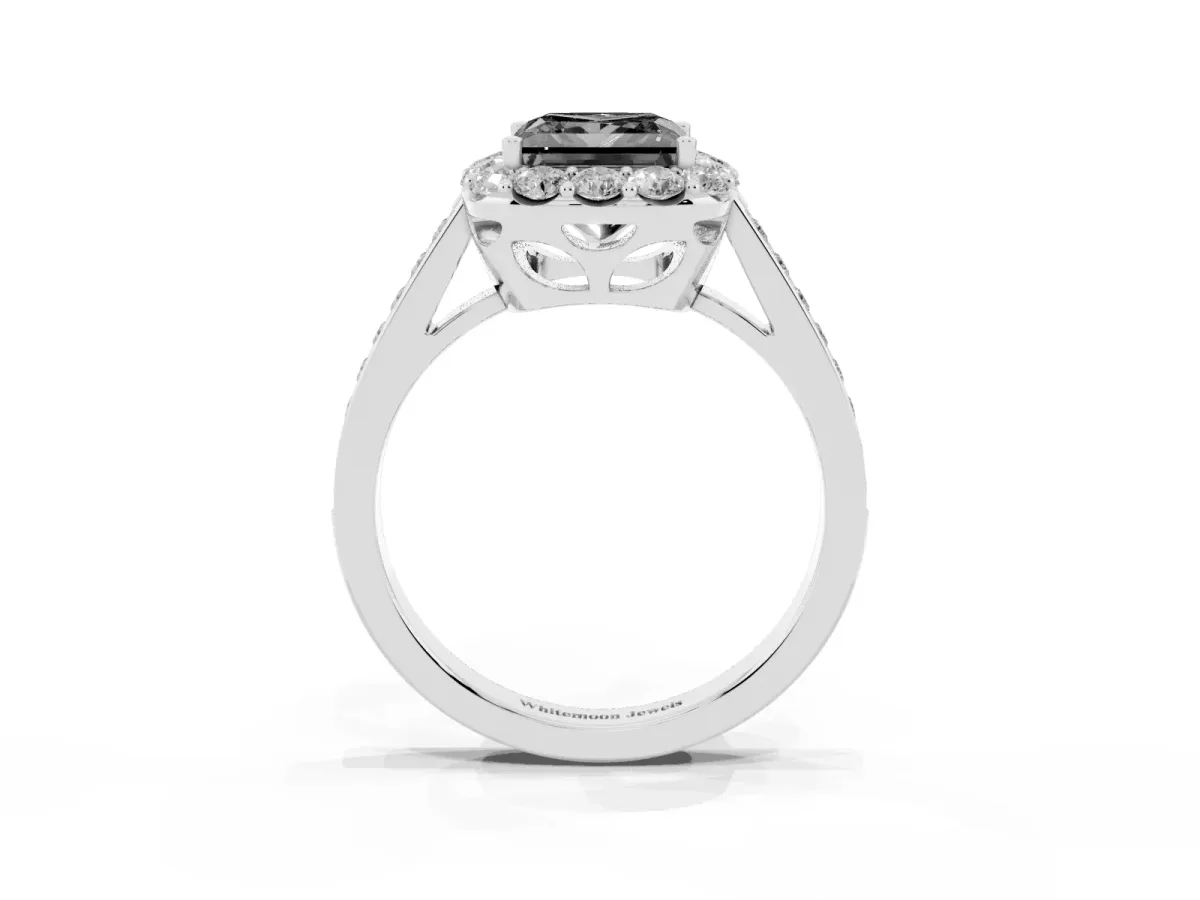 Fancy Black Princess Cut Diamond Floral Halo Ring with Pavé Band and Prong Setting White gold