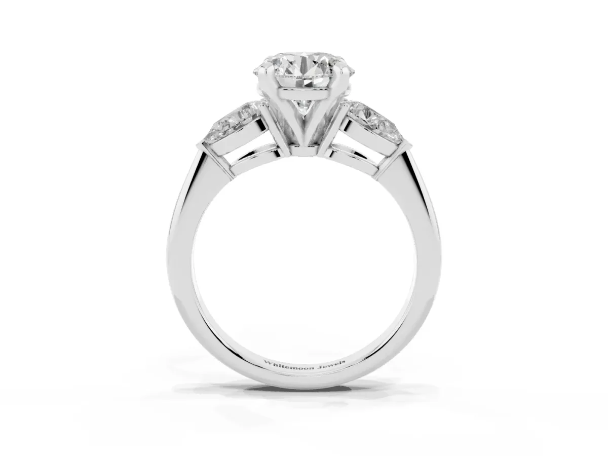 Three-Stone Round Cut Diamond Ring with Pear Side Stones and Four-Prong Setting Silver