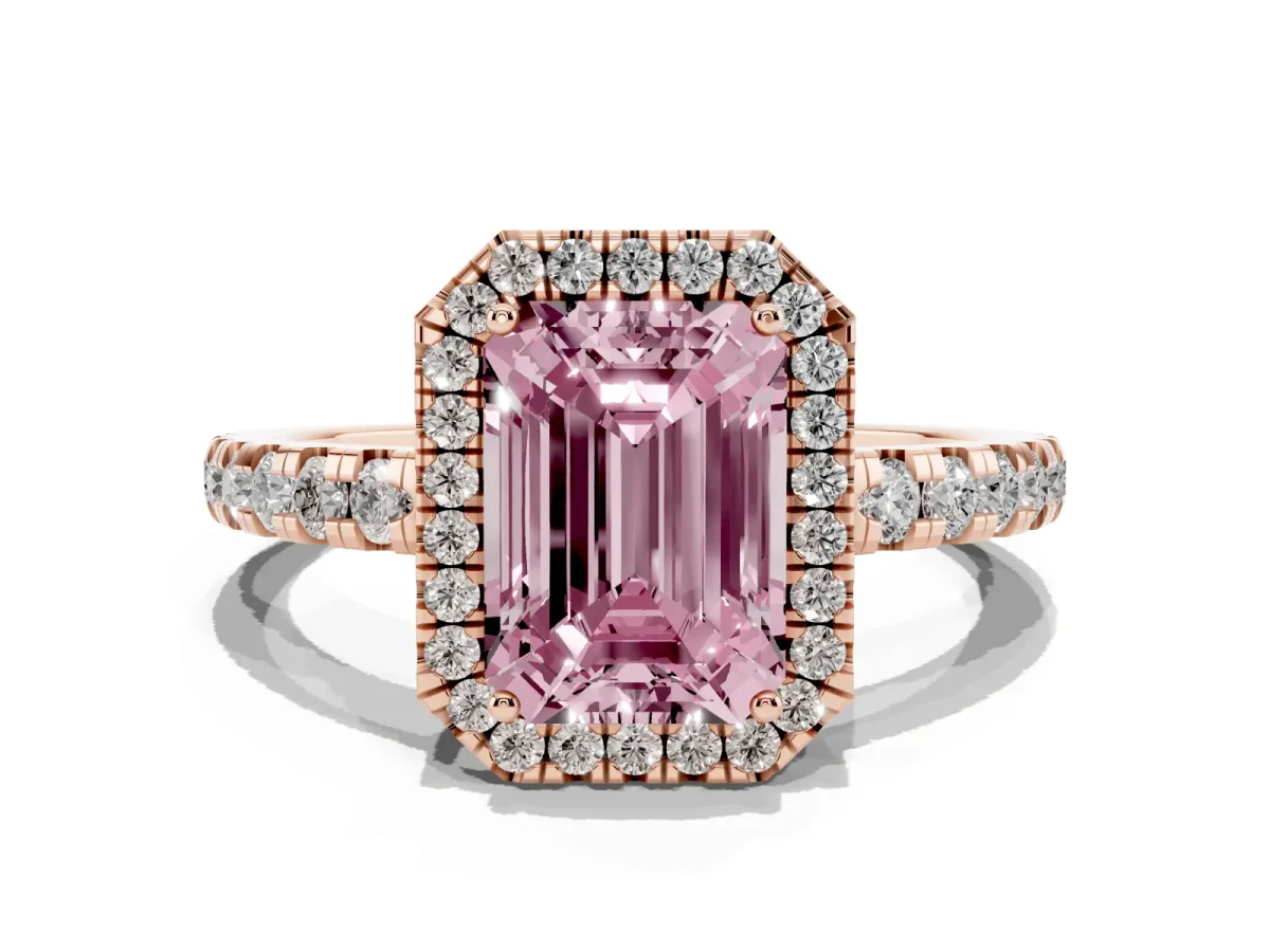 Fancy Pink Emerald Cut Diamond Halo Ring with Pavé Band and Four-Prong Setting Rose gold