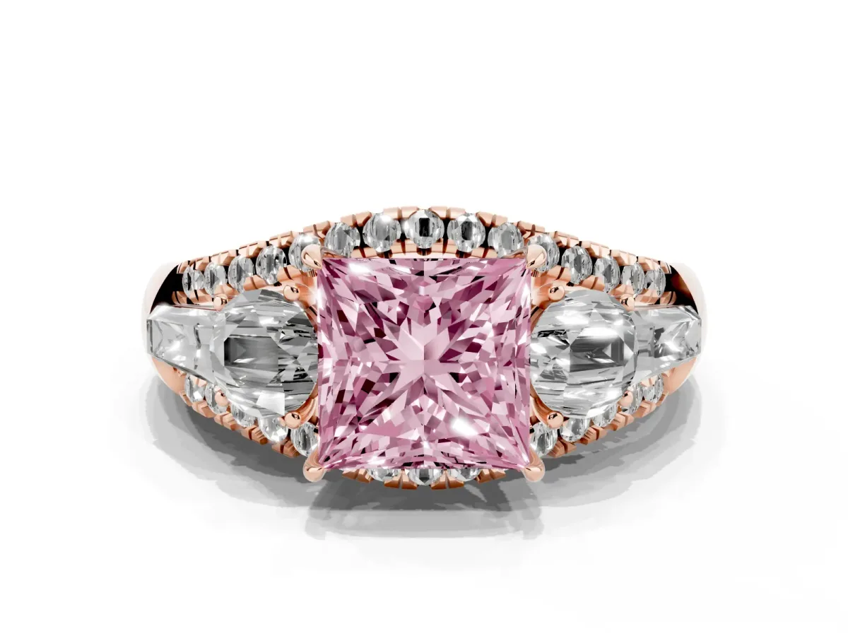 Fancy Pink Three-Stone Princess Cut Diamond Engagement Ring with Pave Band and Prong Setting Rose gold