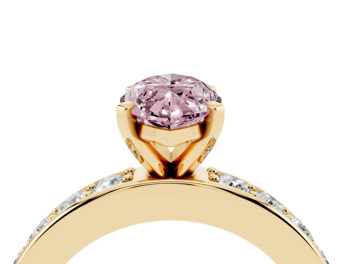 Fancy Pink Marquise Cut Diamond Engagement Ring with Channel Set Round Band and Prong Setting Yellow gold