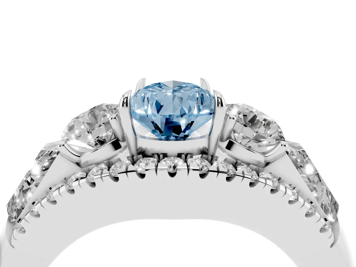 Fancy Blue Three-Stone Pear Cut Diamond Engagement Ring with Pave Band and Prong Setting Silver