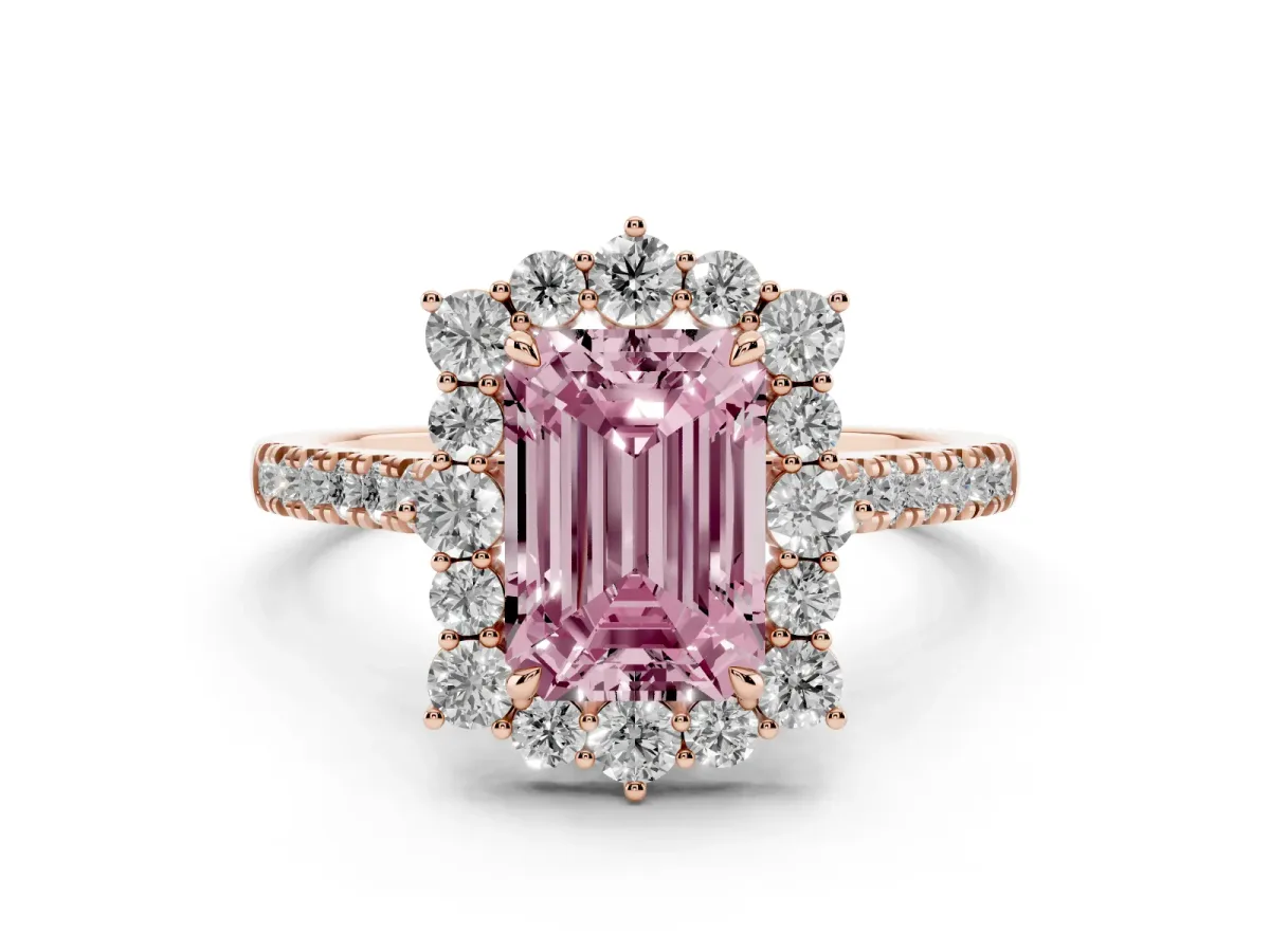 Fancy Pink Emerald Cut Halo Diamond Ring with Pavé Band and Prong Setting Rose gold