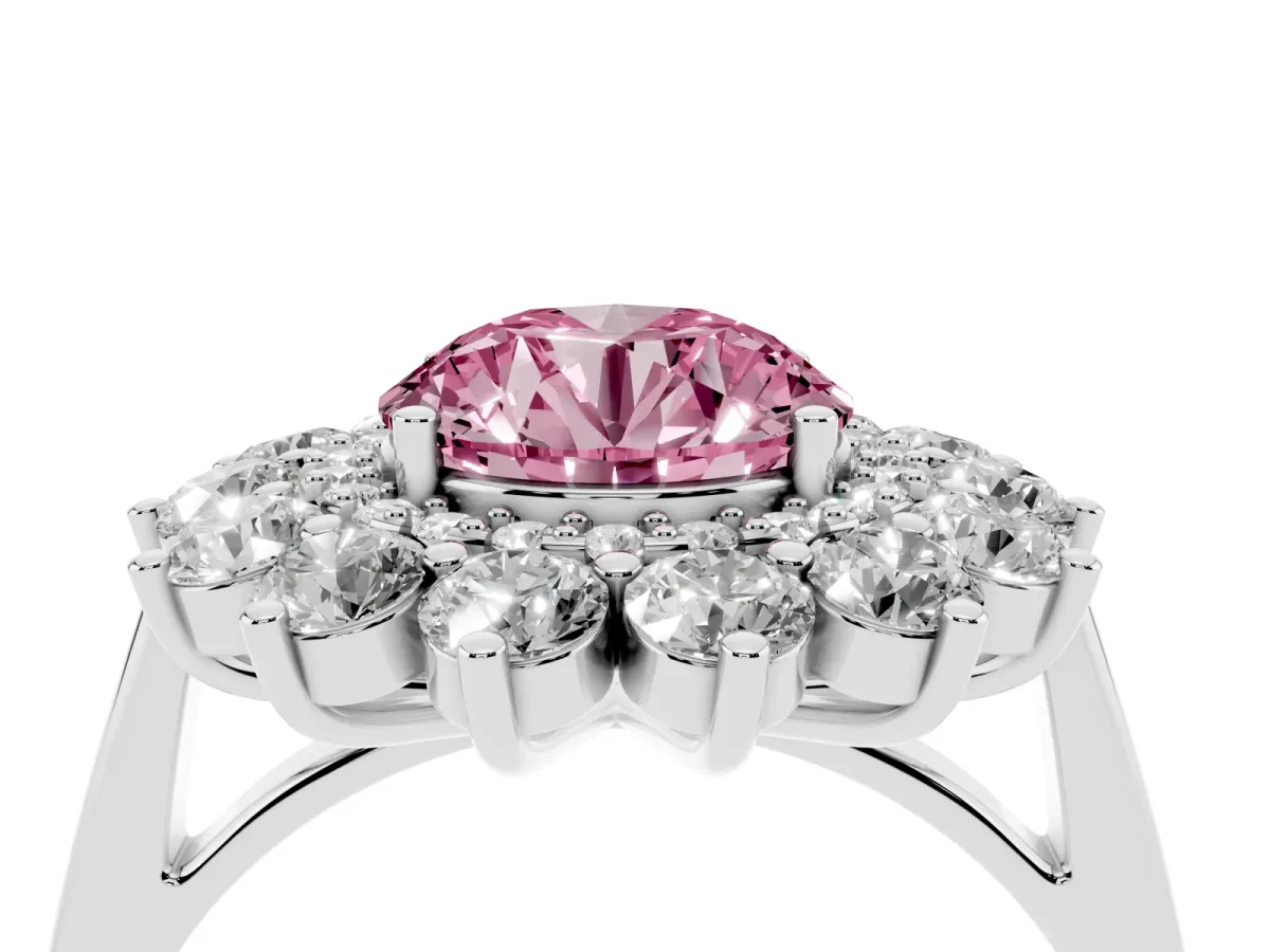 Fancy Pink Round Cut Diamond Floral Double Halo Engagement Ring with Prong Setting Silver