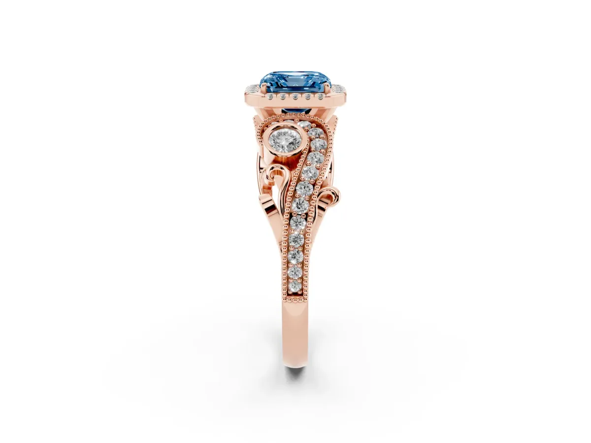 Fancy Blue Asscher Cut Halo Diamond Ring with Milgrain and Bezel Accents on a Split Shank Band Rose gold