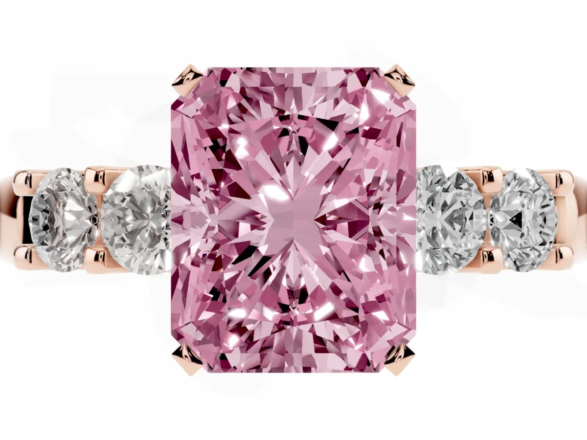 Fancy Pink Radiant Cut Brilliant Cut Diamond Five-Stone Prong Set Engagement Ring with Channel Band Rose gold