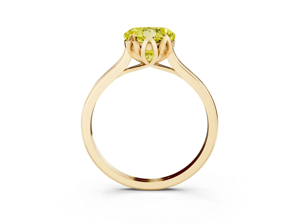 Fancy Yellow Round Cut Diamond Solitaire Ring with Flower Prong Setting and Classic Band Yellow gold