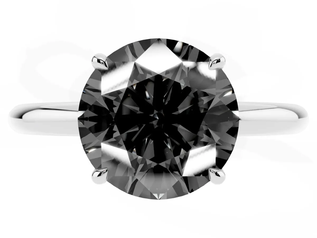 Fancy Black Round Cut Diamond Solitaire Ring with Thin Band and Four-Prong Setting Platinum