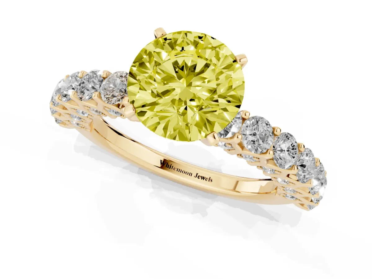 Fancy Yellow Round Cut Diamond Solitaire Ring with Shared Prong Pavé Band and Four-Prong Setting Yellow gold