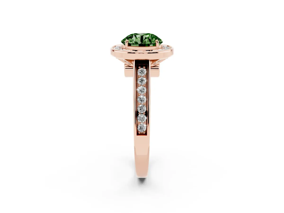 Fancy Green Round Cut Halo Solitaire Diamond Ring with Pave Band and Bezel Setting Rose gold