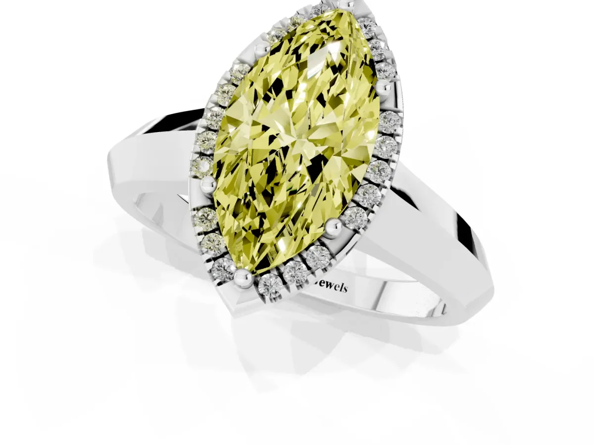 Fancy Yellow Marquise Cut Halo Diamond Ring with Cathedral Band and Four-Prong Setting White gold