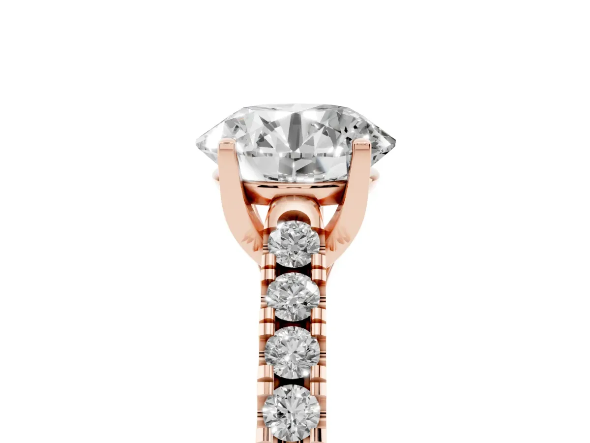 Round Cut Diamond Pavé Band Solitaire Ring with Prong Setting Rose gold