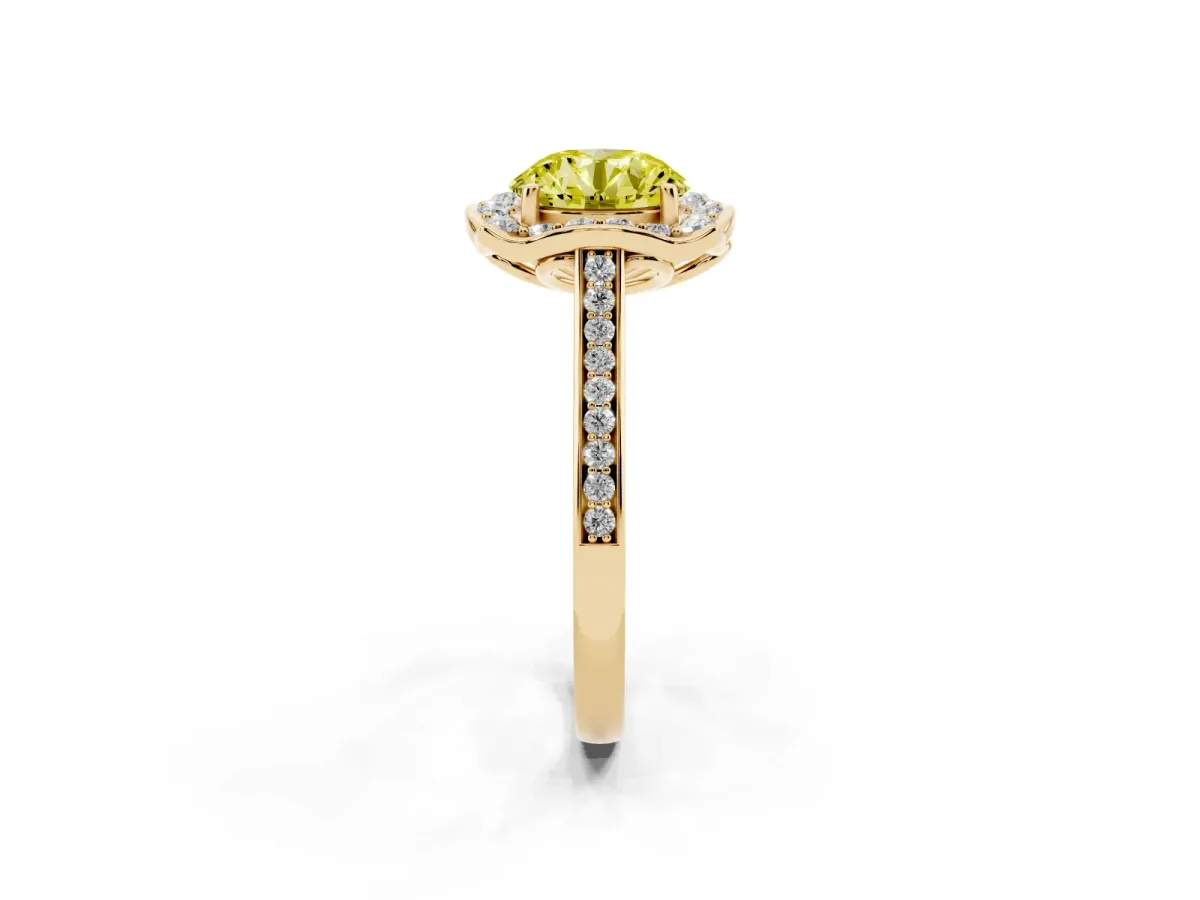 Fancy Yellow Round Cut Halo Round Diamond Pave Band with Four-Prong Setting Yellow gold