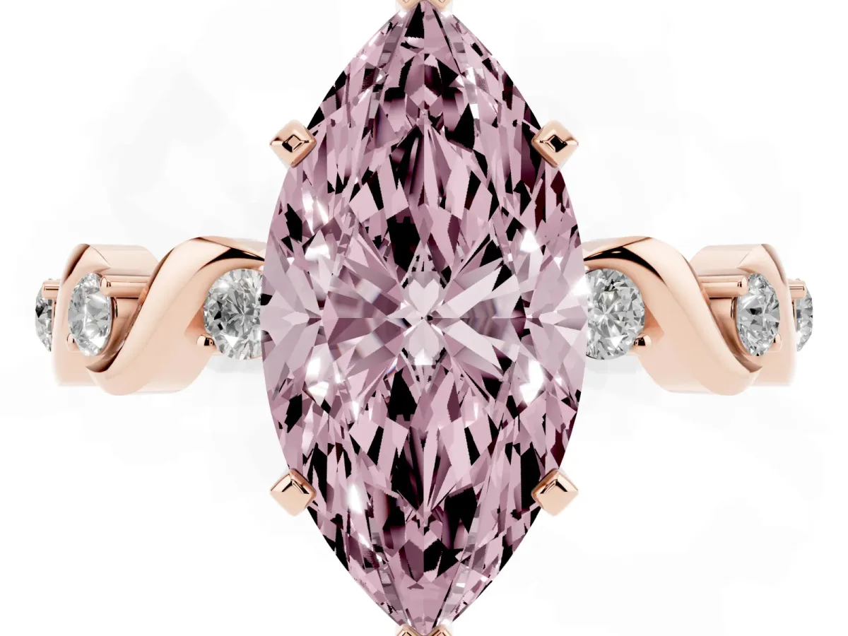 Fancy Pink Marquise Cut Diamond Solitaire Twisted Band with Round Accents and Prong Setting Rose gold
