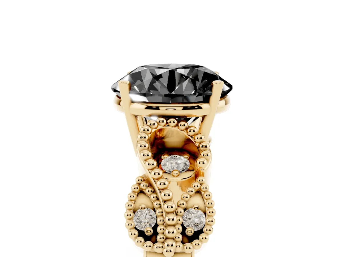 Fancy Black Round Cut Solitaire Milgrain Leaf Band with Prong Setting Yellow gold