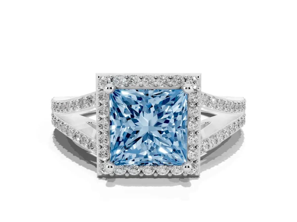 Fancy Blue Princess Cut Halo Split Shank Pave Diamond Ring with Four-Prong Setting Silver