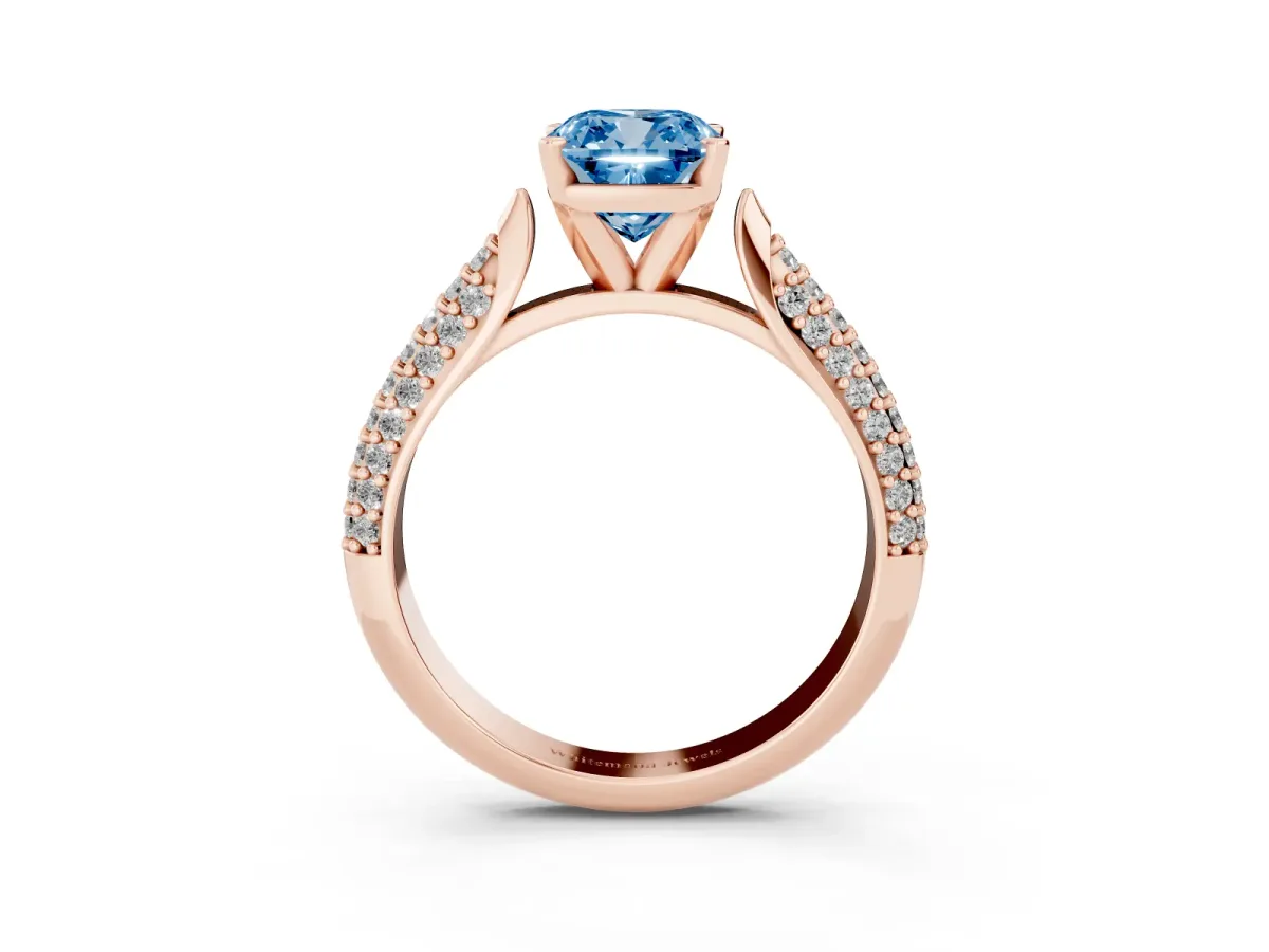 Fancy Blue Cushion Cut Diamond Solitaire Engagement Ring with Multi-Row Round Pavé Band and Prong Setting Rose gold