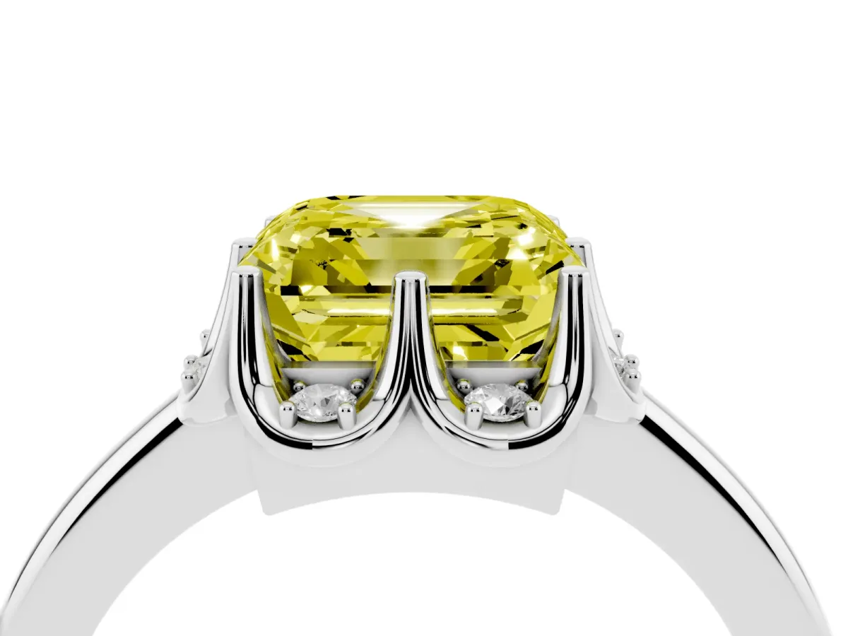 Fancy Yellow Asscher Cut Halo Diamond Ring with Round Cluster Setting, Solitaire Band, and Four-Prong Setting Silver