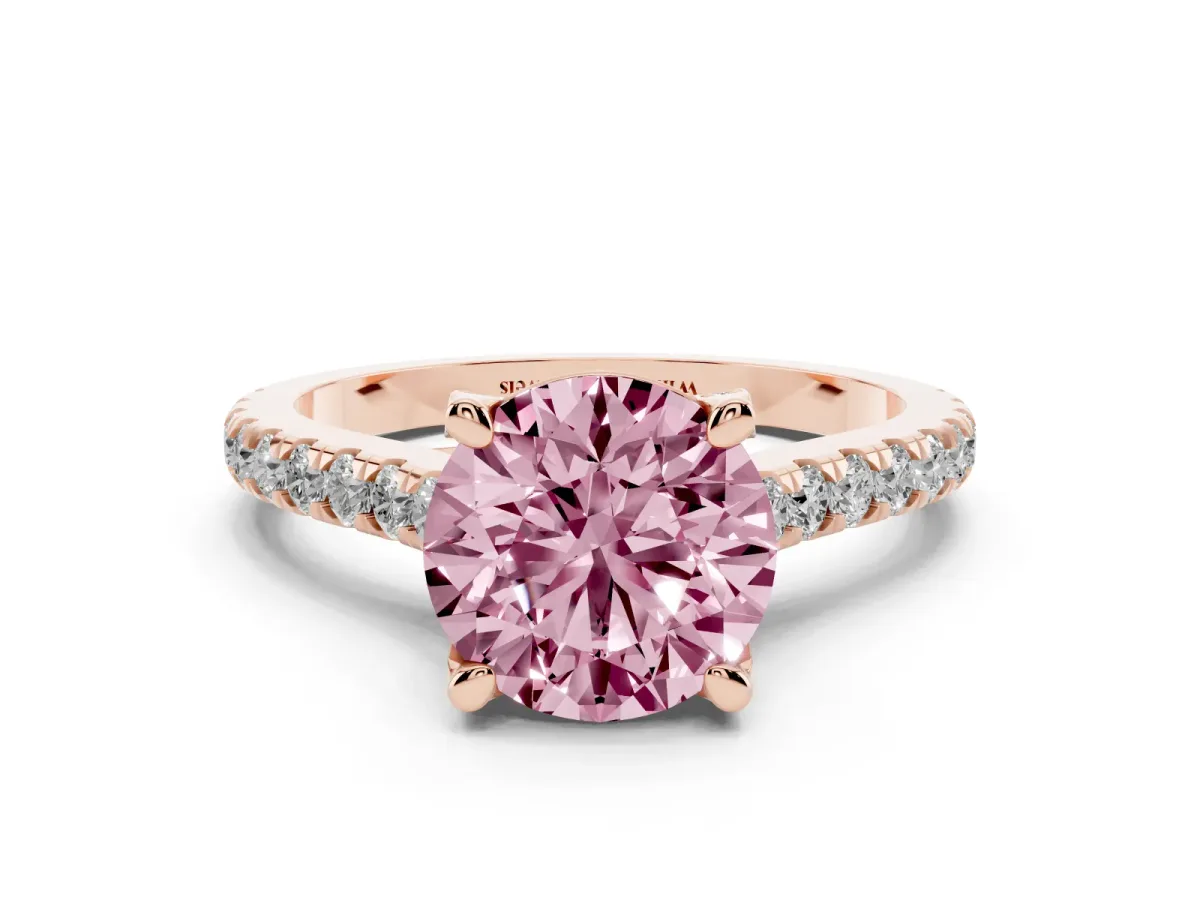 Fancy Pink Round Cut Brilliant Diamond Solitaire with Pavé Band and Four-Prong Setting Rose gold