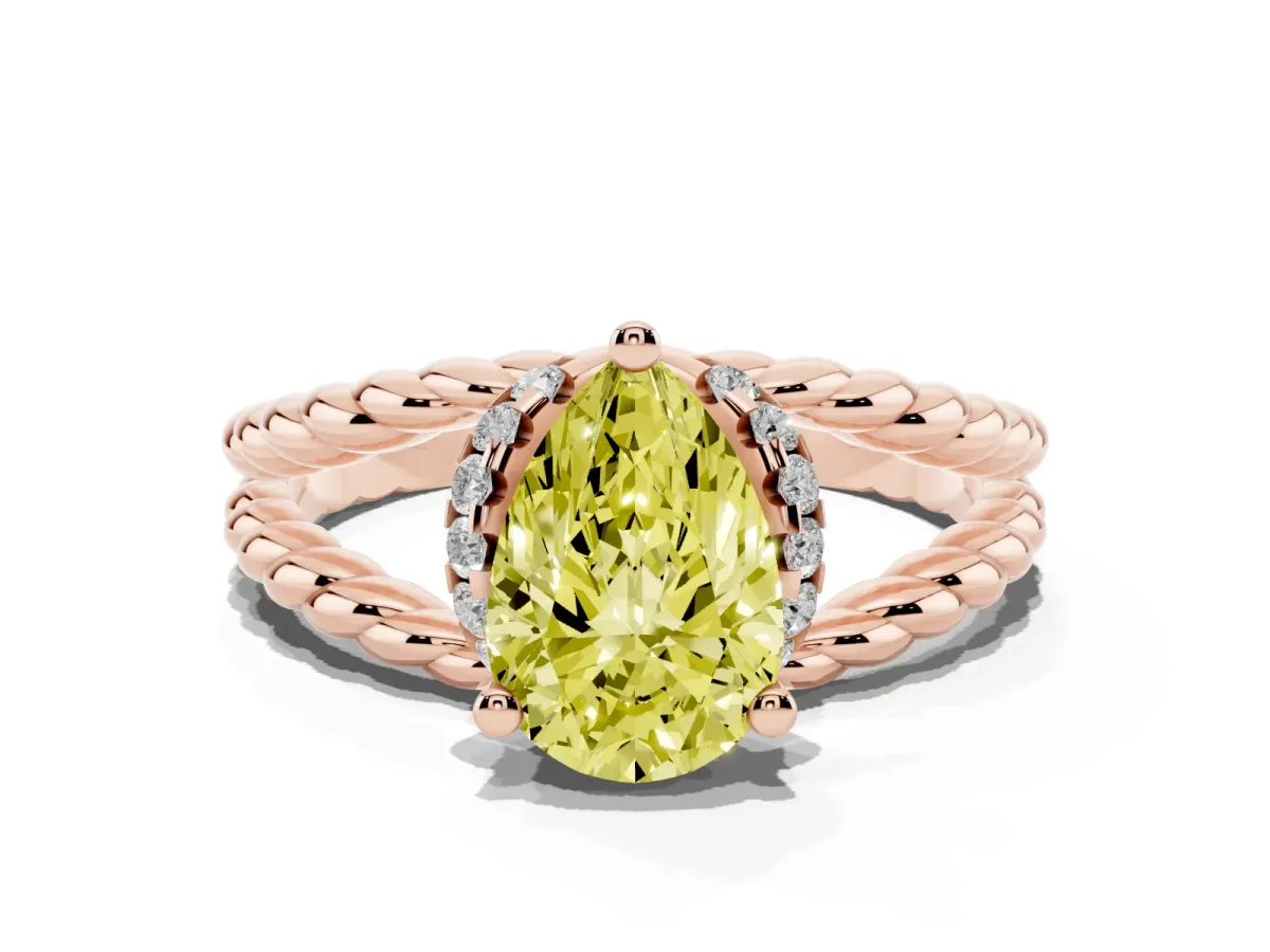 Fancy Yellow Pear Cut Halo Twisted Band Four-Prong Ring Rose gold