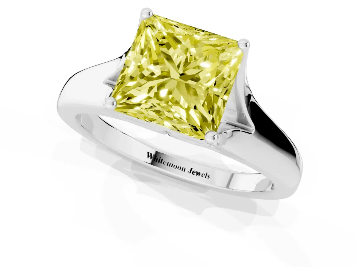 Fancy Yellow Princess Cut Solitaire Diamond Ring with Cathedral Band and Four-Prong Setting Silver