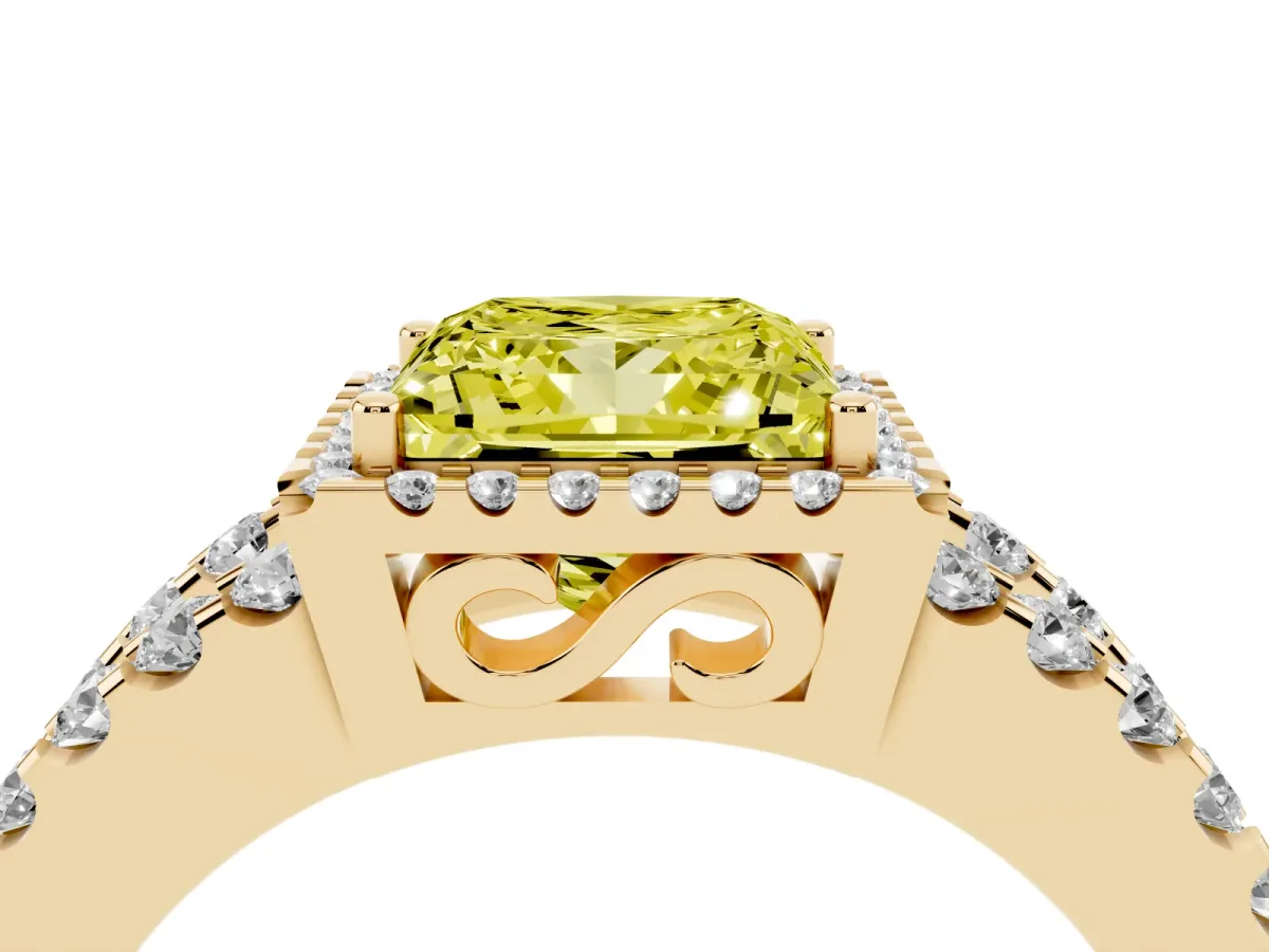 Fancy Yellow Princess Cut Cut Halo Split Shank Diamond Ring with Four-Prong Setting Yellow gold