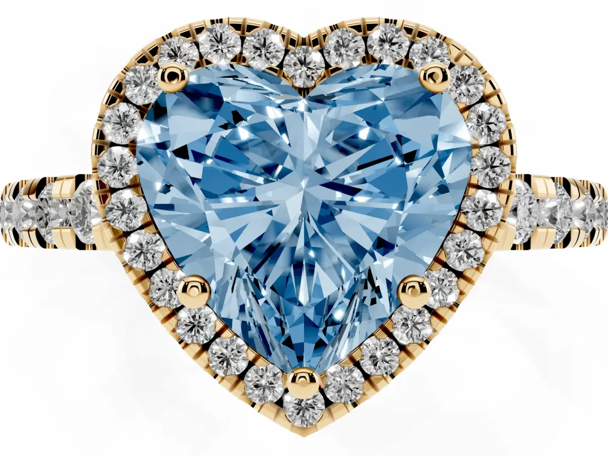 Fancy Blue Heart Cut Diamond Halo Ring with Pavé Band and Four-Prong Setting Yellow gold