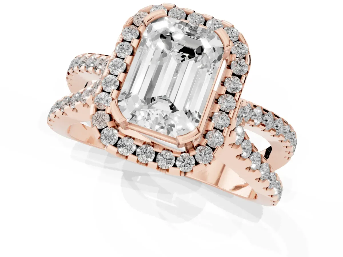 Emerald Cut Diamond Halo Ring with Split Shank Pavé Band and Prong Setting Rose gold