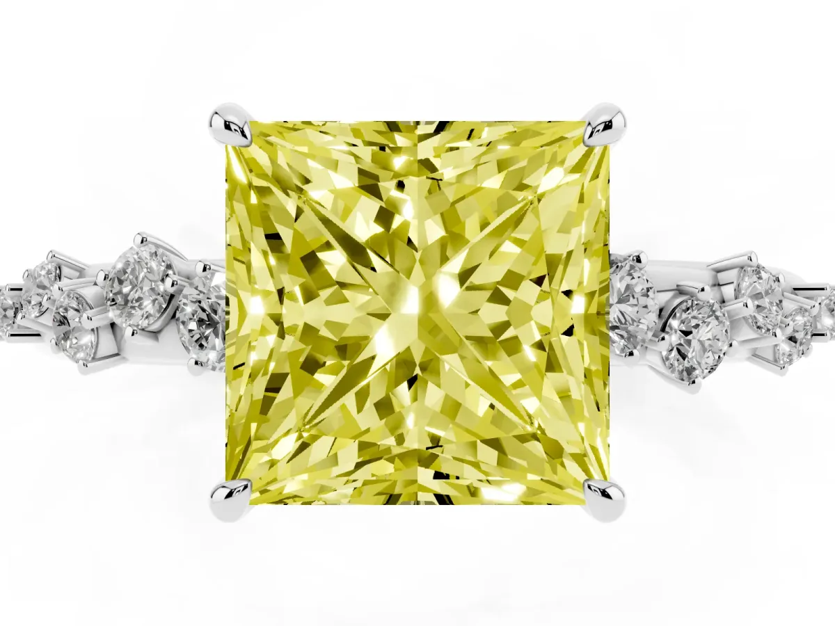 Fancy Yellow Princess Cut Diamond Cluster Prong-Set Solitaire Ring Silver