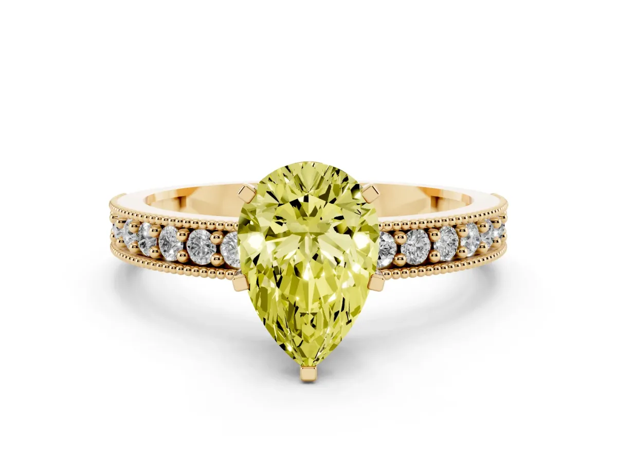 Fancy Yellow Pear Cut Diamond Milgrain Pavé Engagement Ring with Four-Prong Setting Yellow gold