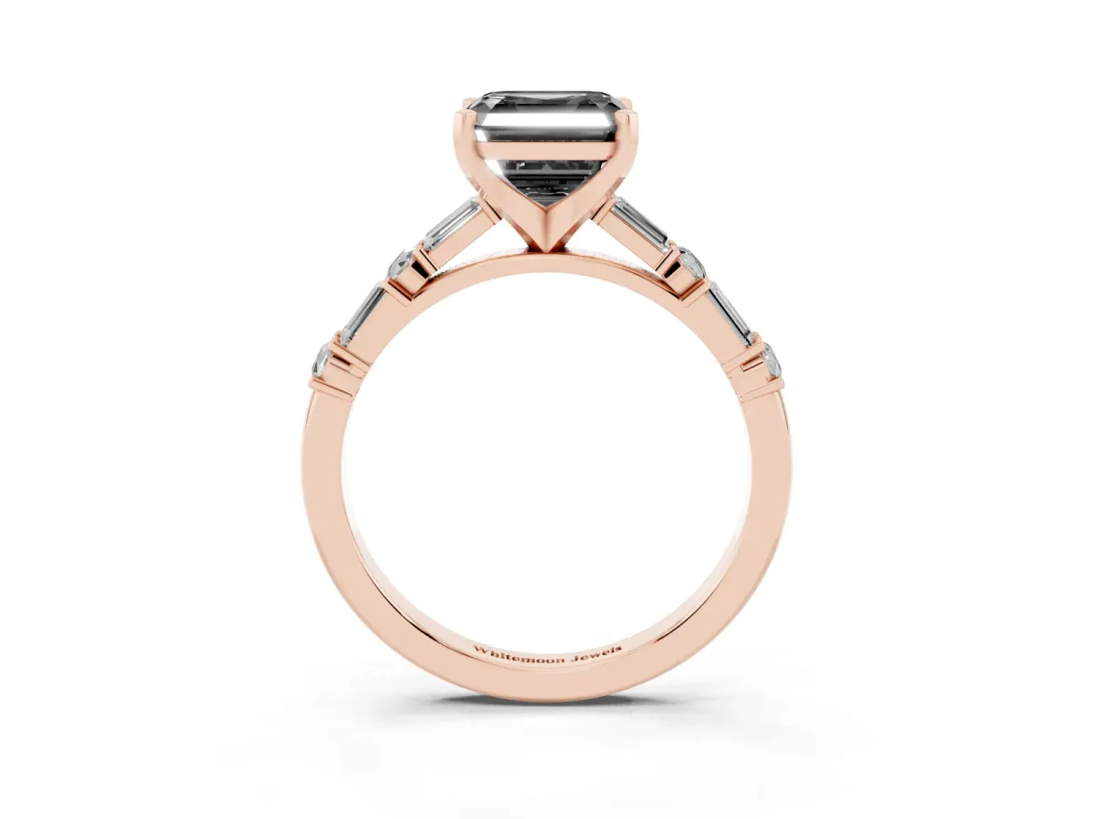 Fancy Black Asscher Cut Diamond Solitaire with Side Baguettes and Channel Set Band Rose gold