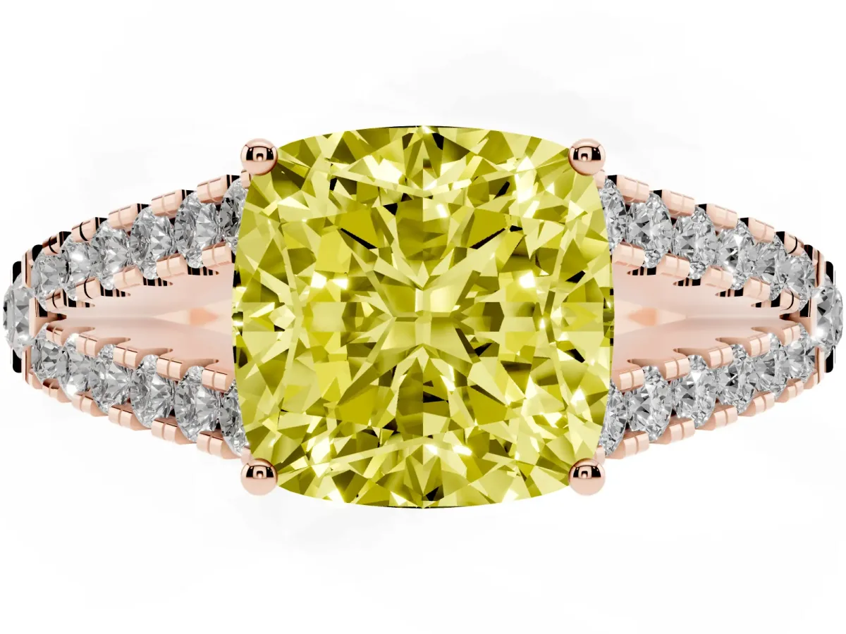 Fancy Yellow Cushion Cut Diamond Split Shank Pavé Engagement Ring with Four-Prong Setting Rose gold