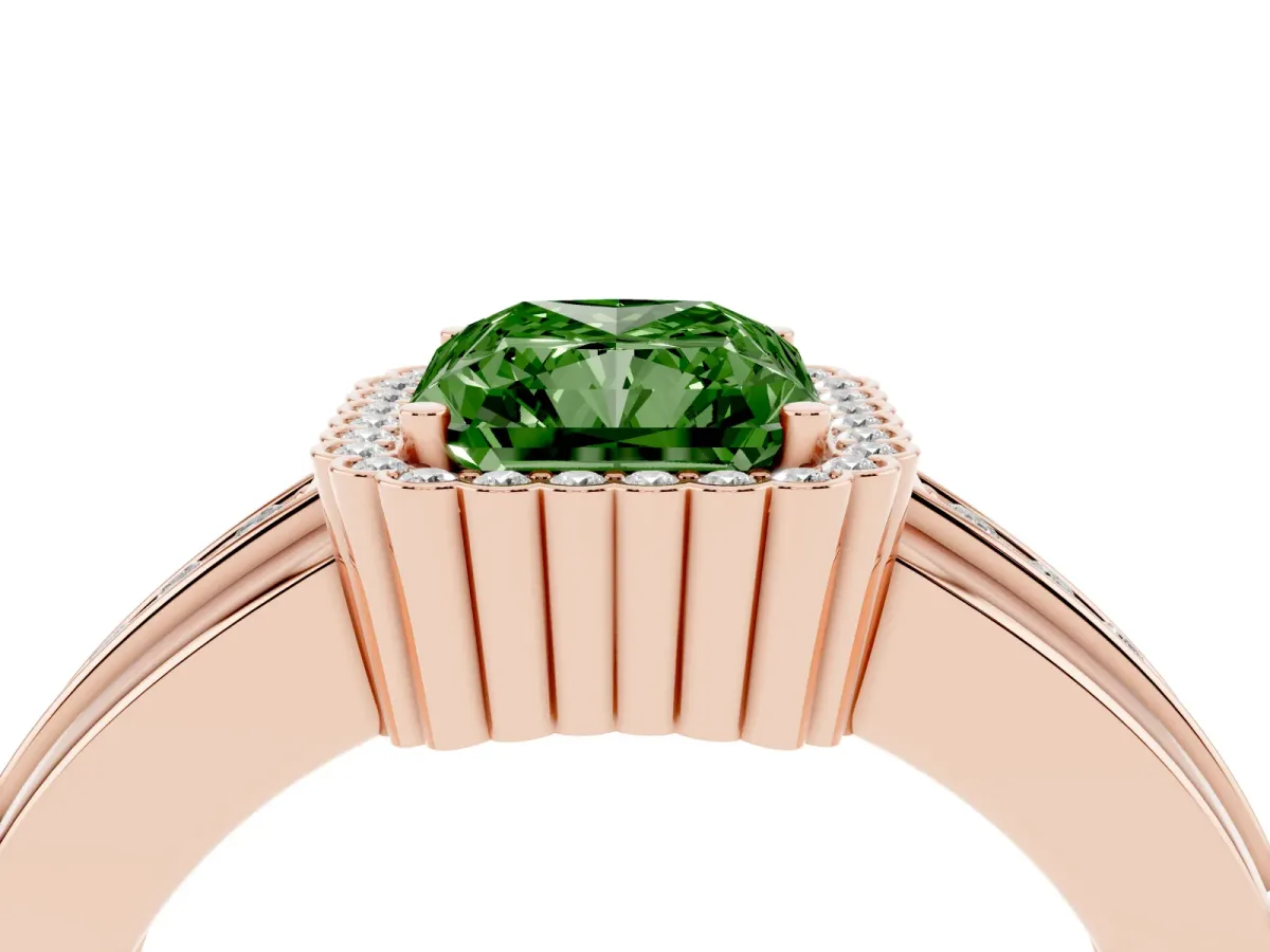 Fancy Green Radiant Cut Cut Halo Pave Band Four-Prong Ring Rose gold