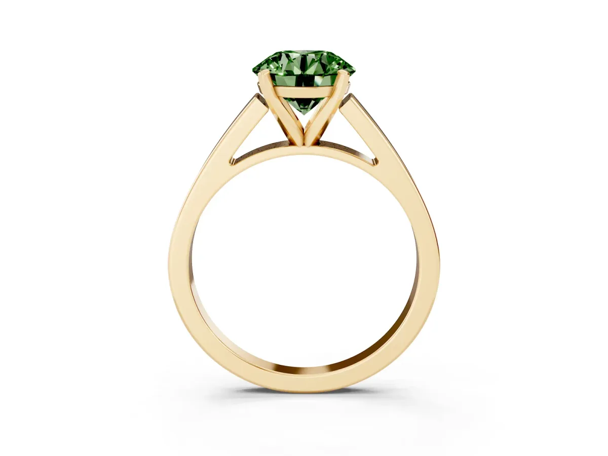 Fancy Green Round Cut Solitaire Engagement Ring with Four-Prong Setting and Tapered Band Yellow gold