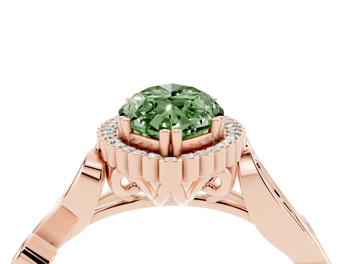 Fancy Green Marquise Cut Diamond Halo Ring with Vintage Split Shank and Four-Prong Setting Rose gold
