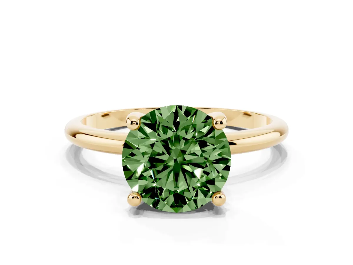Fancy Green Round Cut Solitaire Diamond Ring with 4-Prong Setting on a Classic Band Yellow gold