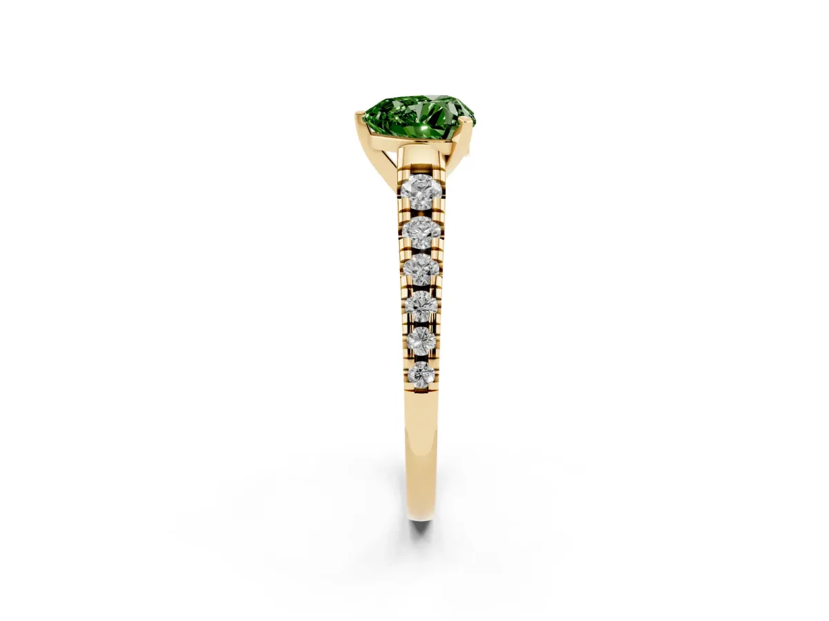 Fancy Green Heart Cut Diamond Cathedral Solitaire Ring with Round Pavé Band Yellow gold